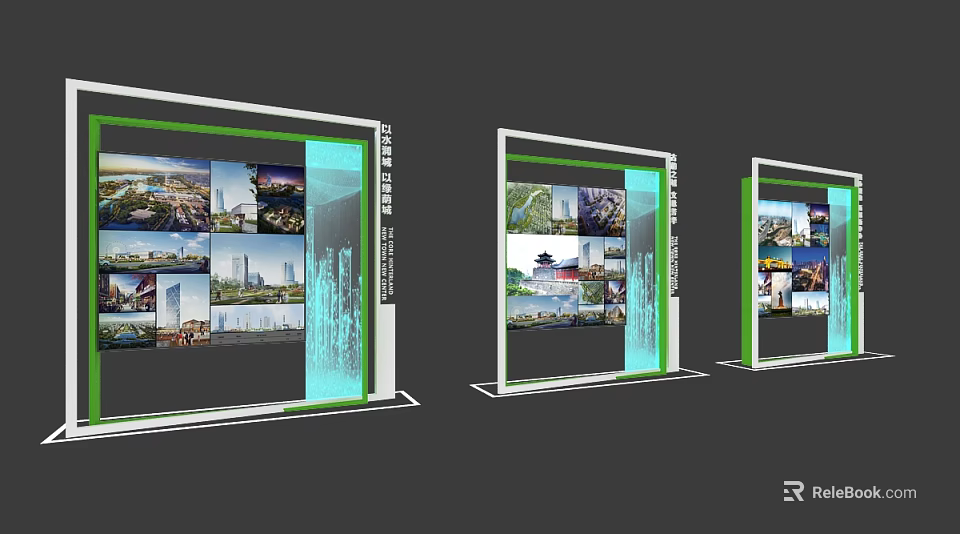 Modern Exhibition Display Shelves With Glass Panels Multi Layer Design And Green Accent Frames 3d model 