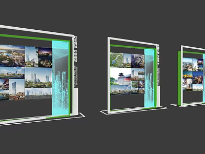 Modern Exhibition Display Shelves With Glass Panels Multi Layer Design And Green Accent Frames 3d model