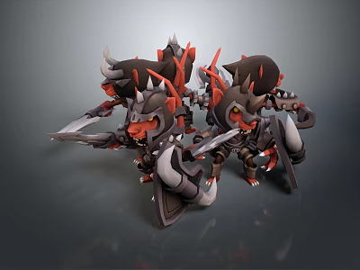 Three Armored Fantasy Mythical Creature Warriors With Horns Swords And Shields 3d model