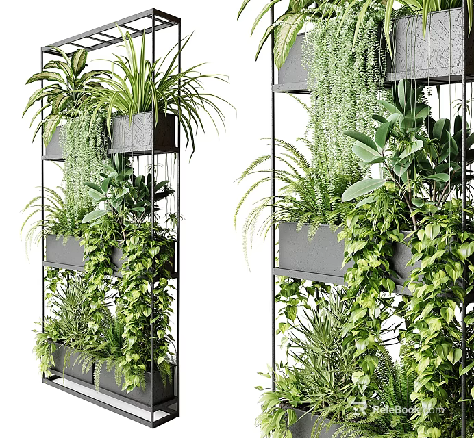 Garden Decor Elements Vertical Metal Frame Shelves With Lush Green Plants And Ferns 3d model 