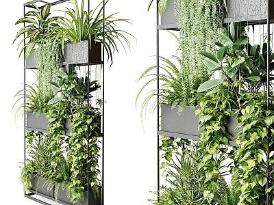 Garden Decor Elements Vertical Metal Frame Shelves With Lush Green Plants And Ferns 3d model