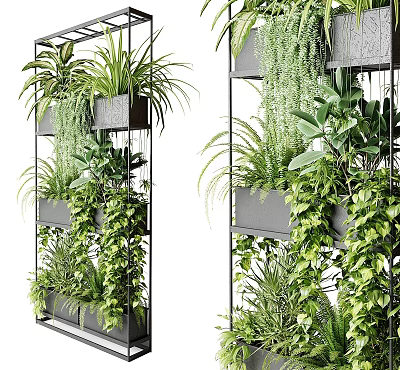 Garden Decor Elements Vertical Metal Frame Shelves With Lush Green Plants And Ferns 3d model