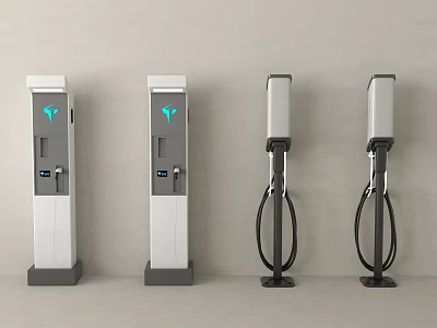 Public Electric Vehicle Charging Stations With White Gray Design Digital Display And Cables 3d model