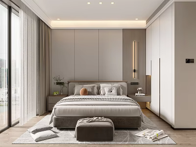 Modern Bedroom Interior Design With Comfortable Bed Nightstands And Floor to Ceiling Wardrobe 3d model
