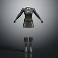 Stylish Black Long Sleeve Dress With Golden Trim And Matching Boots