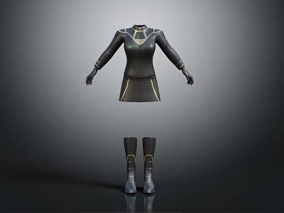 Stylish Black Long Sleeve Dress With Golden Trim And Matching Boots 3d model