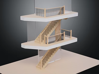 Modern Staircase Structure With Multi Level Platforms And Wooden Railings 3d model
