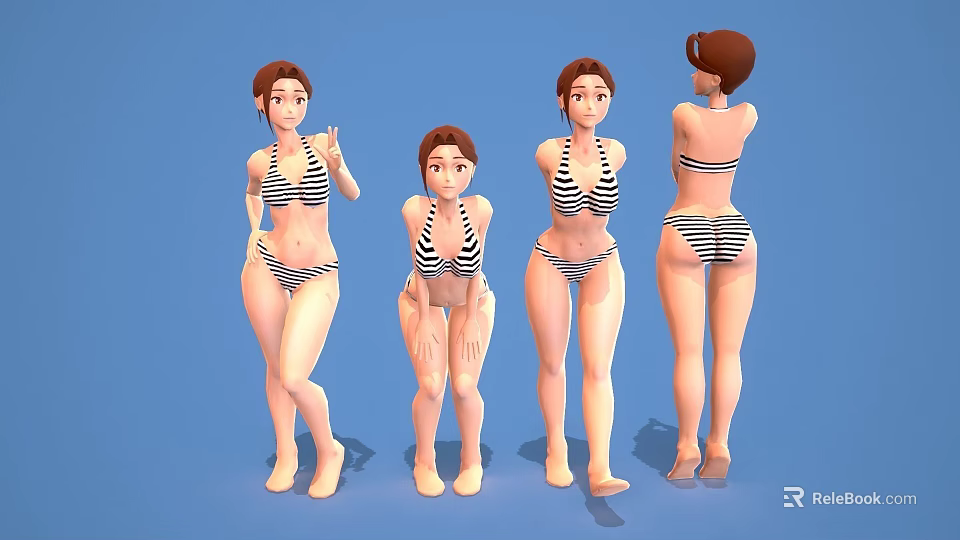 Women In Black And White Striped Bikini Showing Different Poses On Blue Background 3d model 