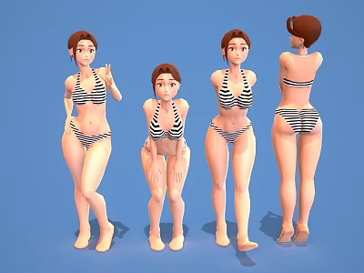 Women In Black And White Striped Bikini Showing Different Poses On Blue Background 3d model