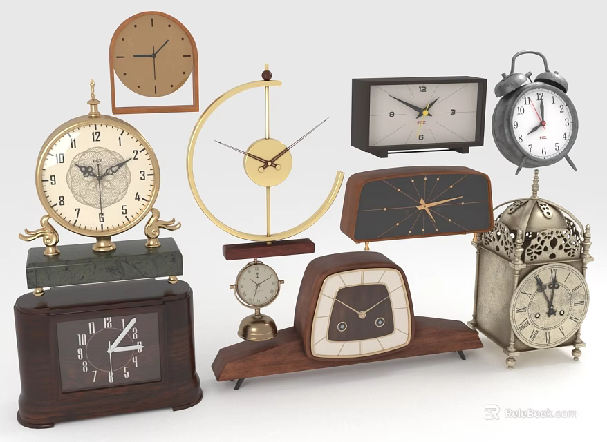 Various Stylish Table Clocks with Retro Modern Designs Wooden Bases and Ornate Metal Frames 3d model 
