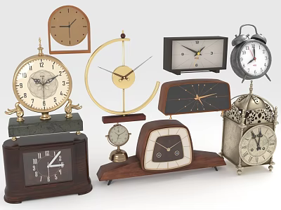Various Stylish Table Clocks with Retro Modern Designs Wooden Bases and Ornate Metal Frames 3d model