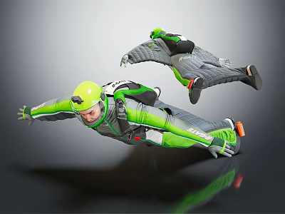 Man In Green Gray Jumpsuit And Helmet Skydiving In Mid Air Freefall Position 3d model