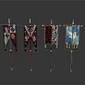 Traditional Decorative Flags With Various Patterns And Characters On Wooden Poles