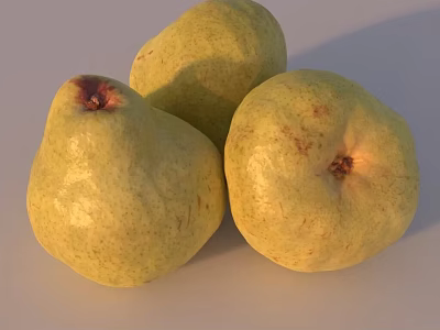 Three Fresh Juicy Ripe Yellow Speckled Pears on Light Background 3d model