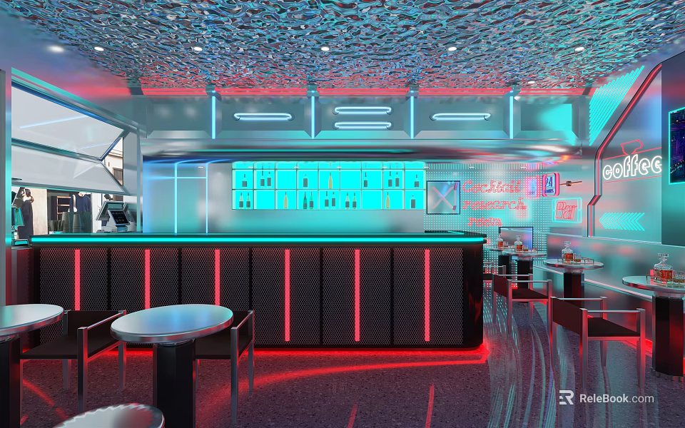 Modern Café Interior With Futuristic Ceiling Neon Lights And Bar Counter 3d model 