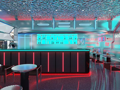 Modern Café Interior With Futuristic Ceiling Neon Lights And Bar Counter 3d model
