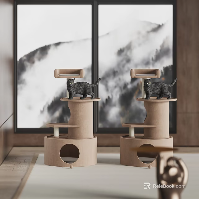 Two Brown Multi Level Cat Scratchers With Cat Figures For Indoor Pet Supplies 3d model 