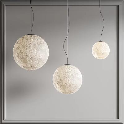 Three Cream Spherical Pendant Lights With Moon Textured Surface Hanging Against Grey Wall Interior 3d model