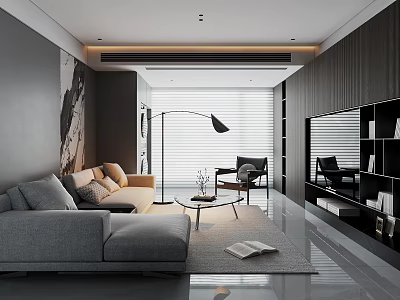 Modern Living Room Interior With Gray Sofa Black Floor Lamp Decorative Painting And TV Wall Unit Decor 3d model
