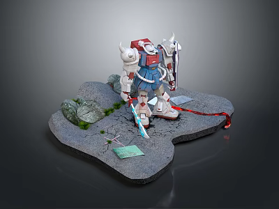 Exquisite Red White Blue Robot Figure Scene With Rock Base Green Plants Red Rope 3d model