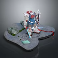 Exquisite Red White Blue Robot Figure Scene With Rock Base Green Plants Red Rope