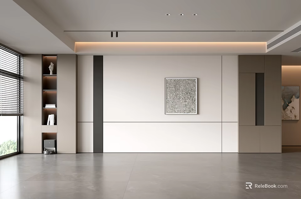 Modern Living Room Interior With White Gray Walls Decorative Painting And Display Cabinet 3d model 