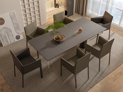 Modern Gray Dining Table Set with Upholstered Chairs Potted Plant in Sunlit Room 3d model