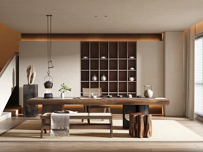 Minimalist Tea Room Interior With Wooden Table Tea Sets Display Shelves And Natural Light 3d model
