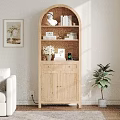 Light Wood Arched Top Bookcase with Books Decorative Items in Cozy Living Room Natural Light