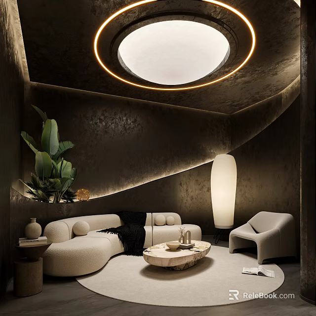 Modern Living Room Interior With Curved Sofa Round Coffee Table Green Plant And Floor Lamp 3d model 