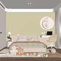 Modern Kids Room Interior Design With Bed Round Mirror Desk Chair And Stuffed Toys