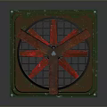 Square Exhaust Fan With Red Blades Green Frame And Metal Grid Structure