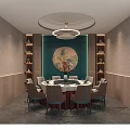 Elegant Private Dining Room With Round Table Large Windows Overlooking Misty Mountain View And Curtains 3d model