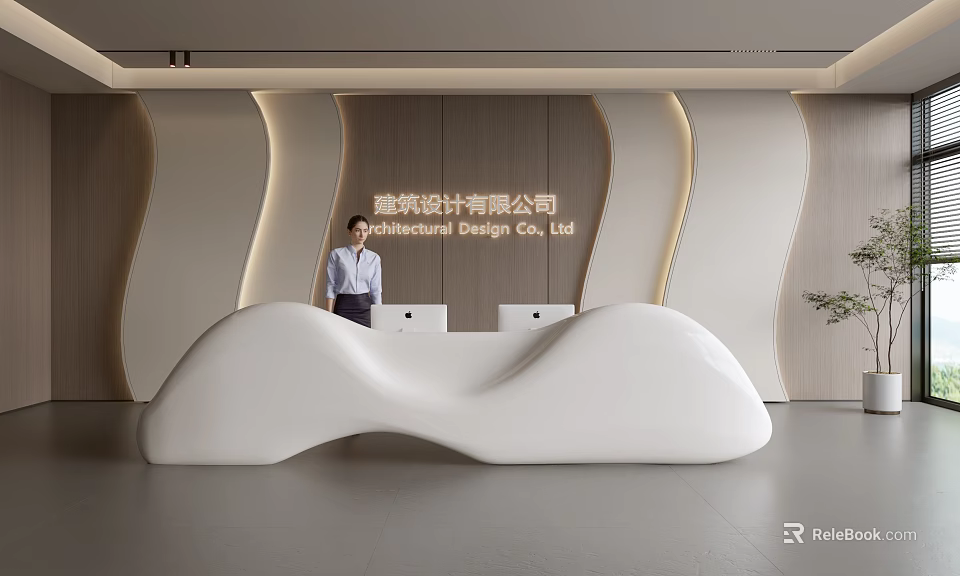 Sleek Curved White Reception Desk For Modern Architectural Design Company Office Lobby Interior 3d model 