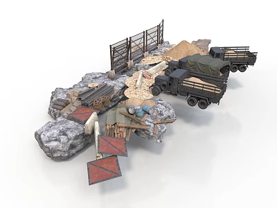 Modern Military Tactical Scene With Rocky Terrain Wooden Planks Trucks And Sand Mounds 3d model