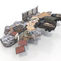 Modern Military Tactical Scene With Rocky Terrain Wooden Planks Trucks And Sand Mounds