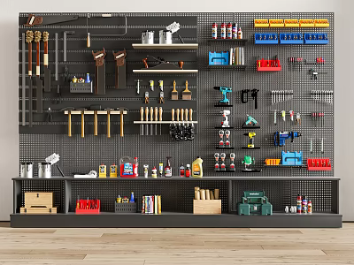 Organized Hardware Tools Display On Wall Mounted Grid Panel With Hand And Power Tools 3d model