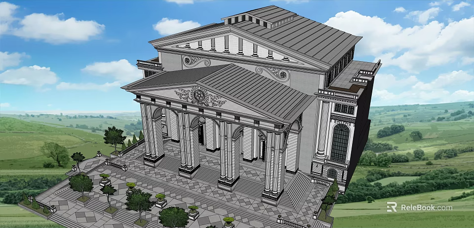 Classical European Architecture Featuring Grand Columns Symmetrical Pediment and Landscaped Steps 3d model 