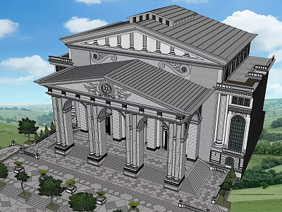 Classical European Architecture Featuring Grand Columns Symmetrical Pediment and Landscaped Steps 3d model