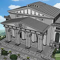 Classical European Architecture Featuring Grand Columns Symmetrical Pediment and Landscaped Steps