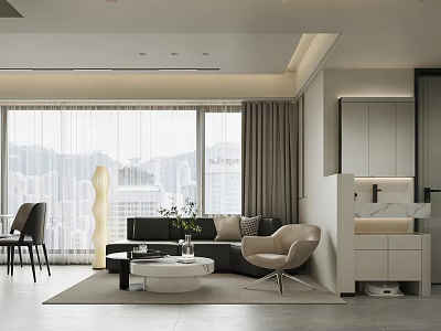 Modern Living and Dining Area with Sofa Coffee Table Chairs Large Windows and Curtains 3d model