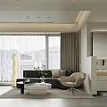 Modern Living and Dining Area with Sofa Coffee Table Chairs Large Windows and Curtains