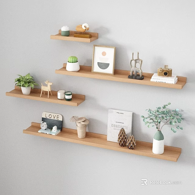 Wooden Floating Bookshelf With Potted Plants Decorative Items Books And Photo Frame 3d model 