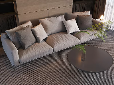 Cozy Three-Seater Sofa With Soft Gray Pillows And Round Coffee Table On Textured Rug 3d model