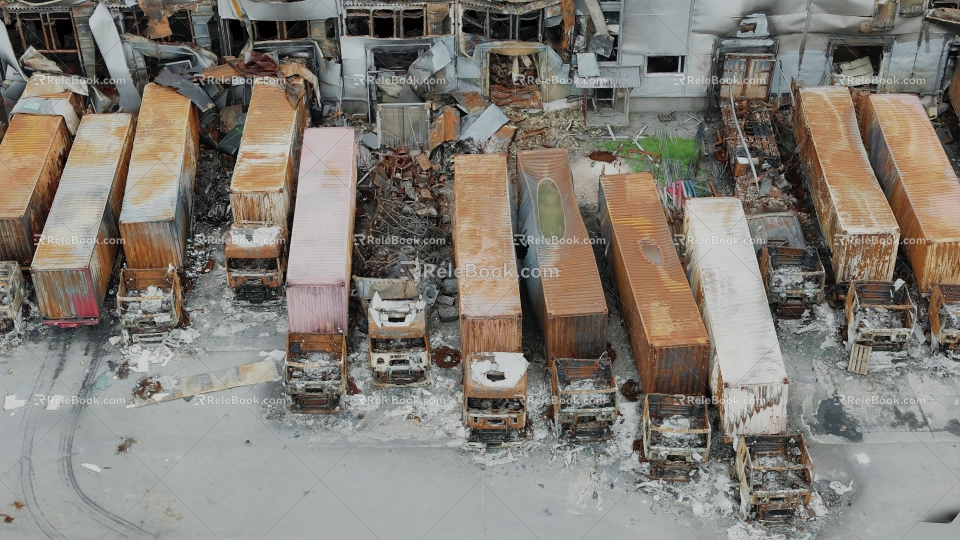 Abandoned trucks, rundown containers, truck cemetery ruins 3d model