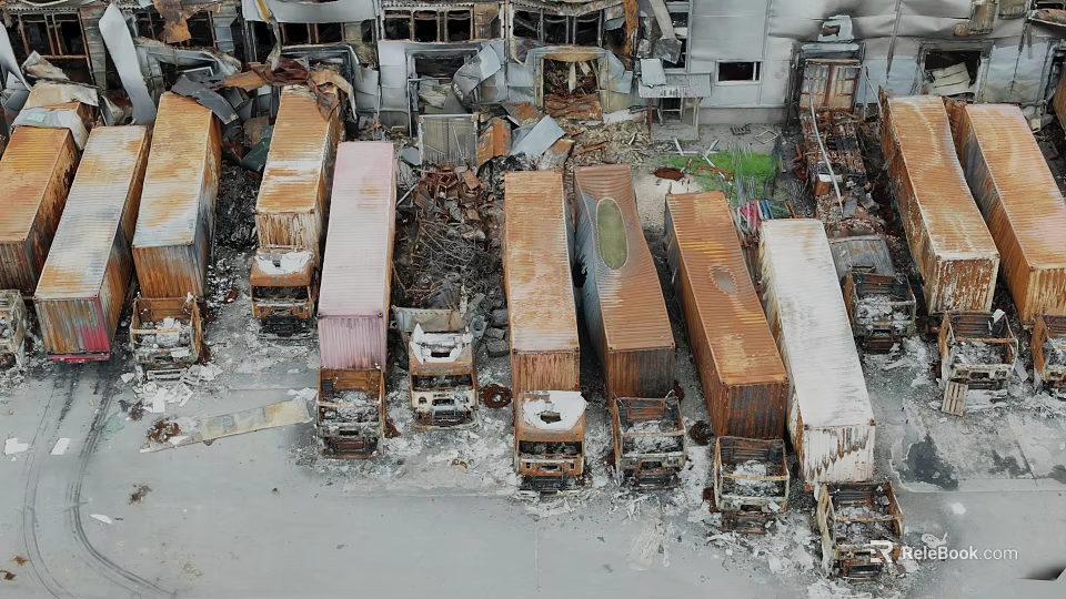 Old Abandoned Trucks Stacked In Dilapidated Ruins With Scattered Rusty Wreckage 3d model 