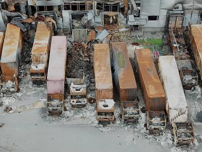 Old Abandoned Trucks Stacked In Dilapidated Ruins With Scattered Rusty Wreckage 3d model