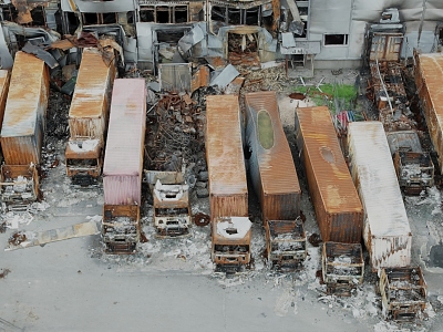 Abandoned trucks, rundown containers, truck cemetery ruins 3d model