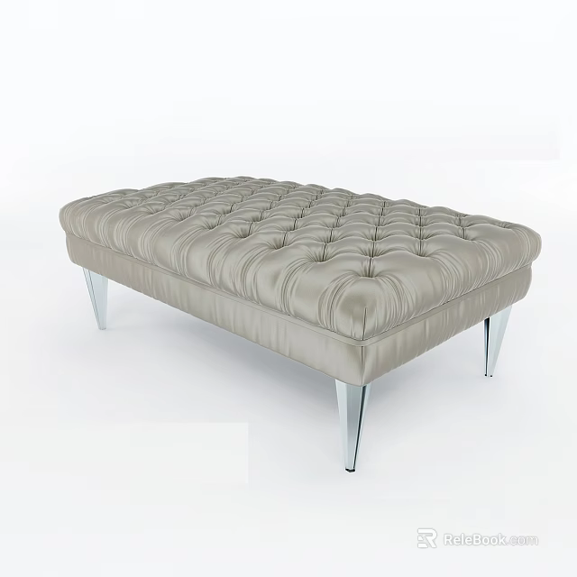 Elegant Light Gray Tufted Leather Stool With Modern Chrome Legs Design 3d model 