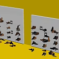 Brown And Black Shoes Displayed On White Shoe Racks With Multiple Shelves